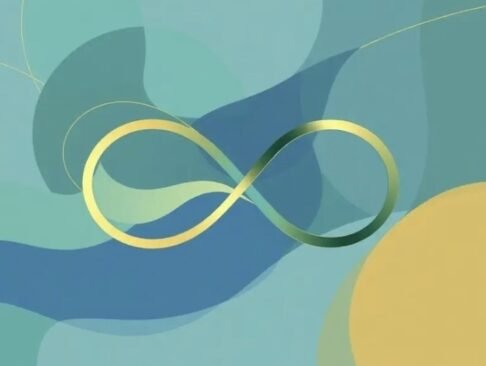 Abstract blue and green artwork featuring a gold neurodiversity infinity symbol.